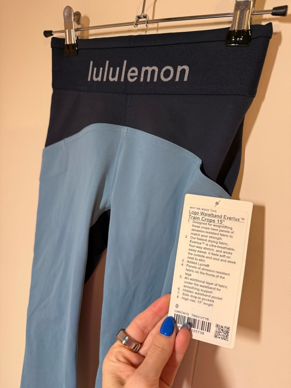 Lululemon Logo Waistband Everlux Train Crops 15” Blue Black Size 0 NWT